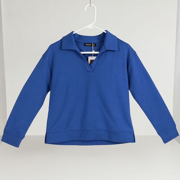 Merokeety Sweatshirt Women Blue V-Neck Pullover Blue Lapel Long Sleeve - Picture 2 of 7